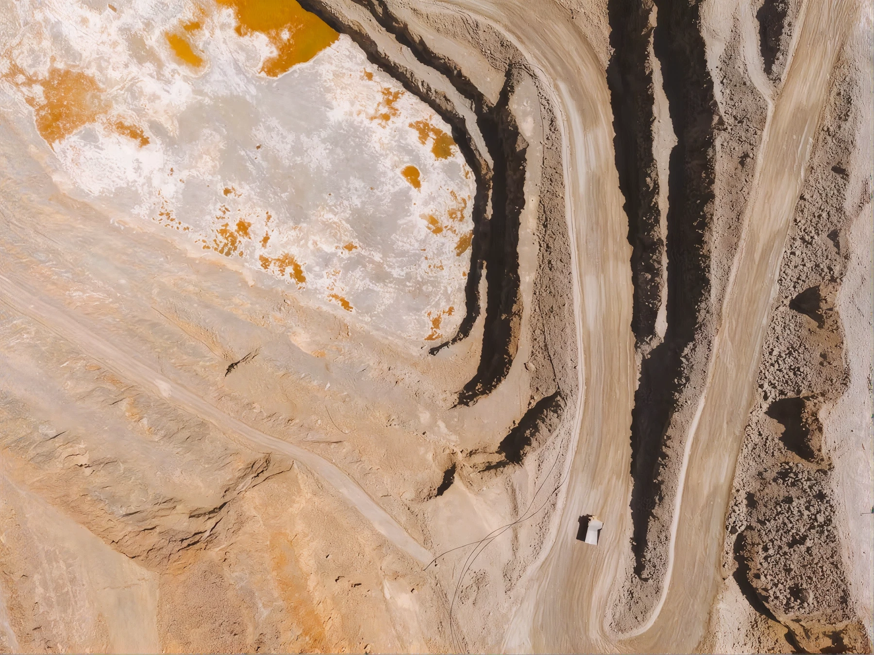 Aerial view of an open-pit mine and tailings